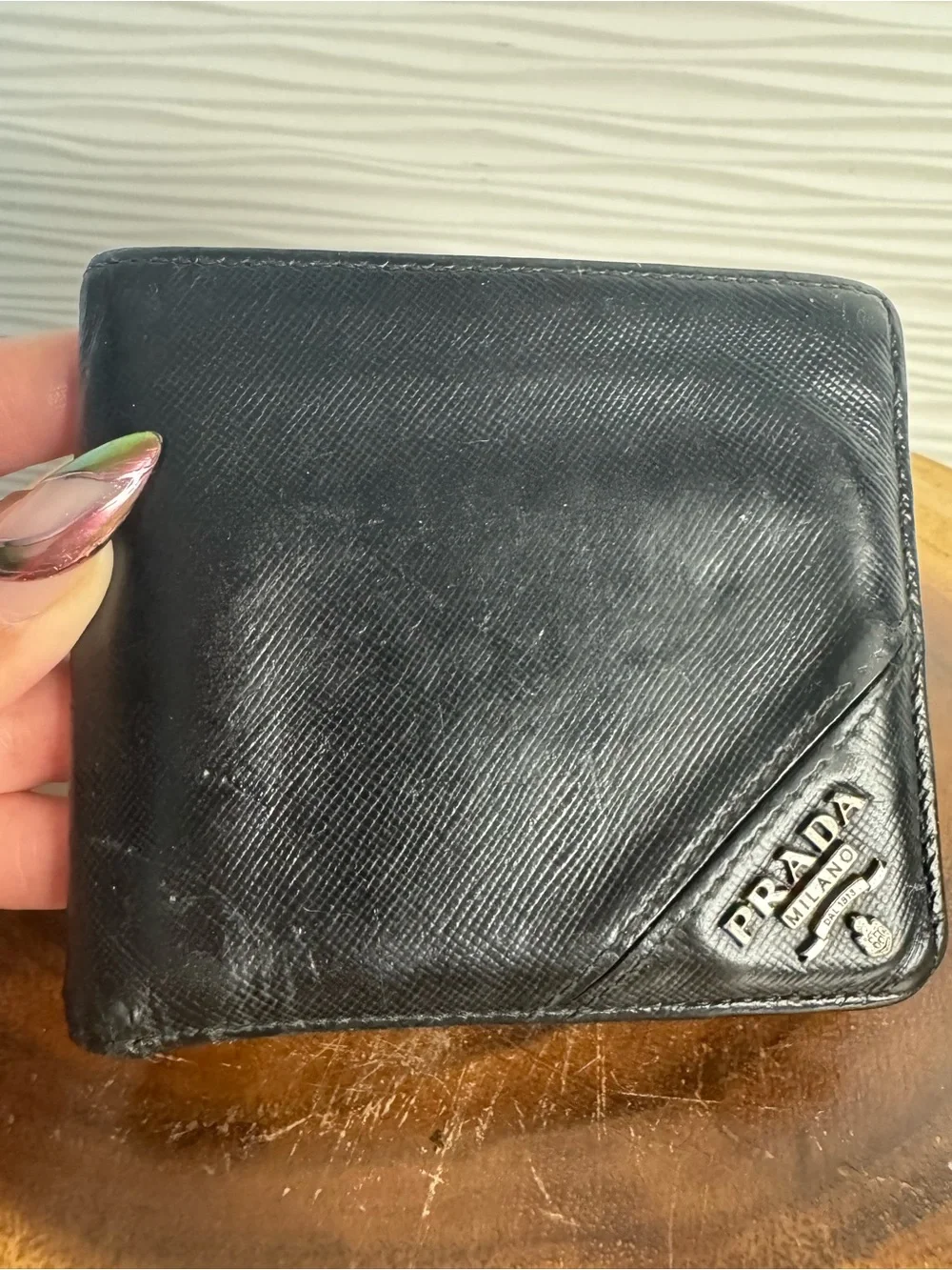 Vintage preloved Prada Black Saffiano Leather Men's Bi-Fold Wallet with Logo